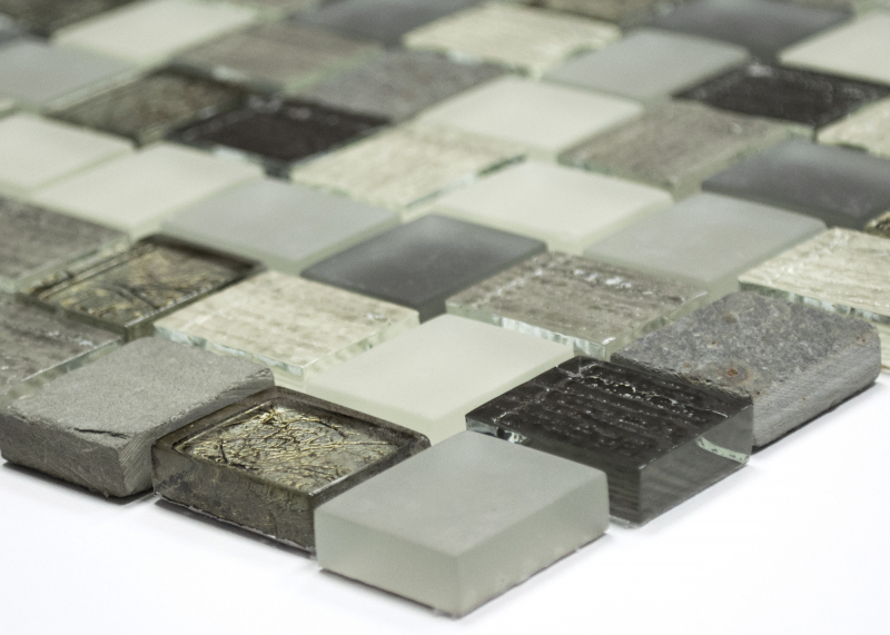 Hand-patterned mosaic tile Tile backsplash Translucent white gray rust Rectangle Glass mosaic Crystal stone rustic MOS82-0102_m