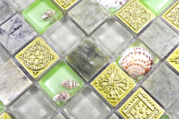 Natural stone rustic marble mosaic tile glass mosaic resin shell green pastel green clear beige bathroom tile kitchen wall WC - MOS82C-0502