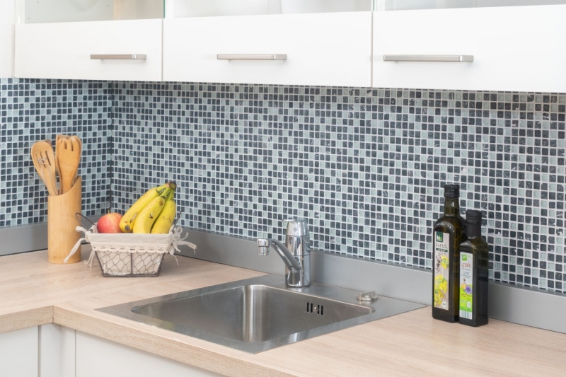 Glass mosaic natural stone mosaic tile gray anthracite dark gray white tile backsplash wall kitchen bathroom toilet - MOS92-0204