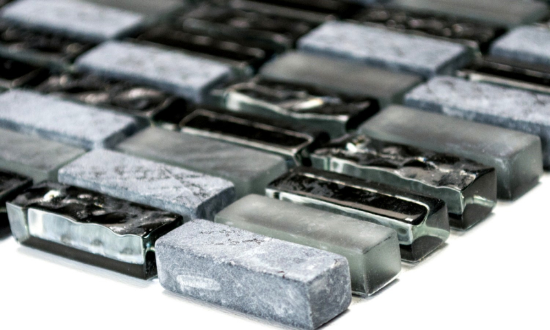 Hand-painted mosaic tile Tile backsplash Translucent gray rods Glass mosaic Crystal stone gray matt black MOS87-1403_m