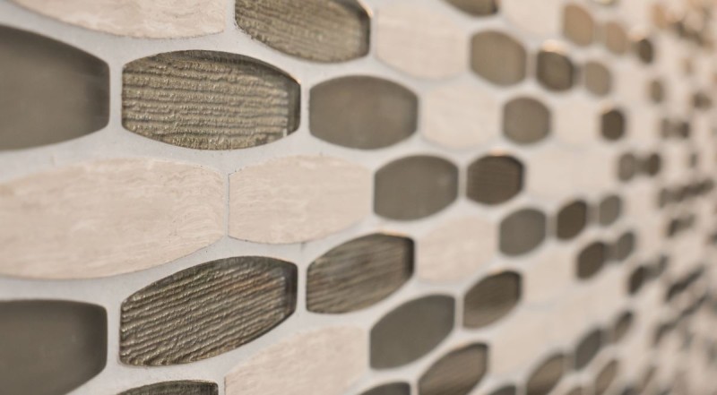 Natural stone glass mosaic marble mosaic tiles oval boat shape light gray beige light brown tile backsplash wall kitchen - MOS85-BM59