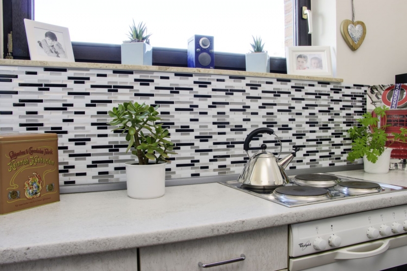 self-adhesive mosaic stick look vinyl adhesive film white silver black tile backsplash kitchen