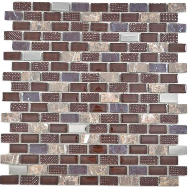 Translucent glass mosaic composite stone steel brown wall tile backsplash kitchen bathroom MOS87-0013_f