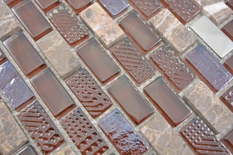 Translucent glass mosaic composite stone steel brown wall tile backsplash kitchen bathroom MOS87-0013_f