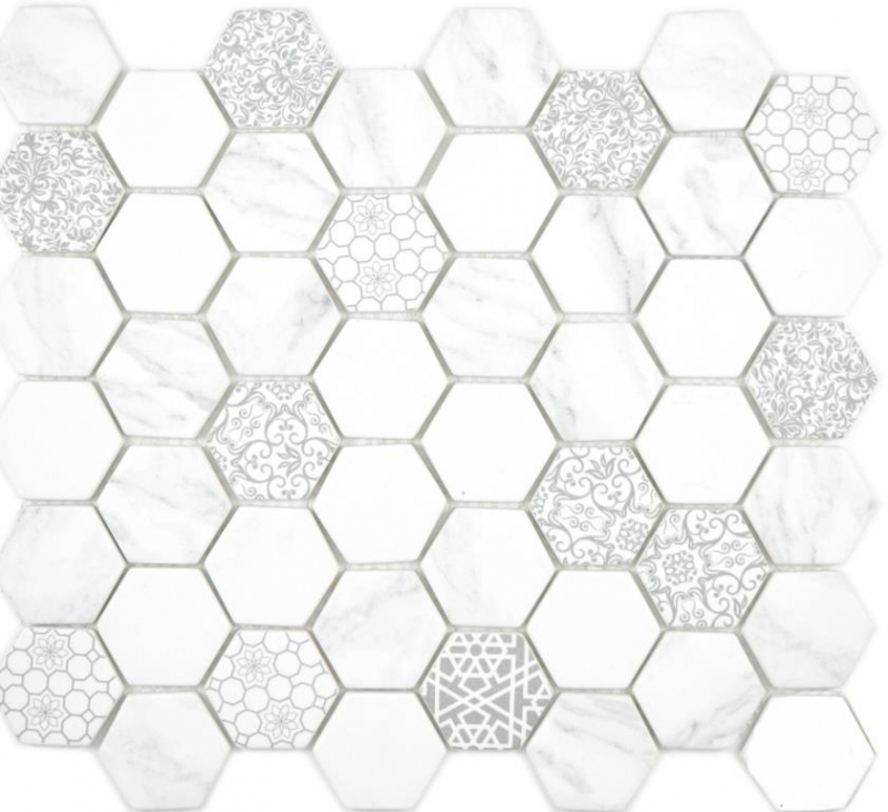 Hand sample GLASS mosaic Hexagon ECO Carrara look mosaic tile wall tile backsplash kitchen bathroom MOS16-0222_m