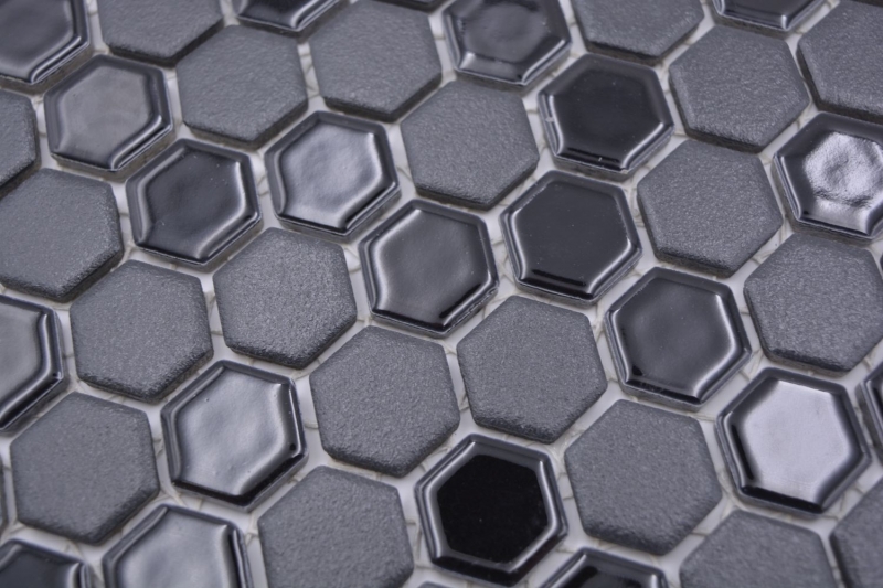 Hexagonal hexagon mosaic tile ceramic mini black glossy R10B Shower base floor tile Mosaic tile Anti-slip - MOS11H-0301-R10
