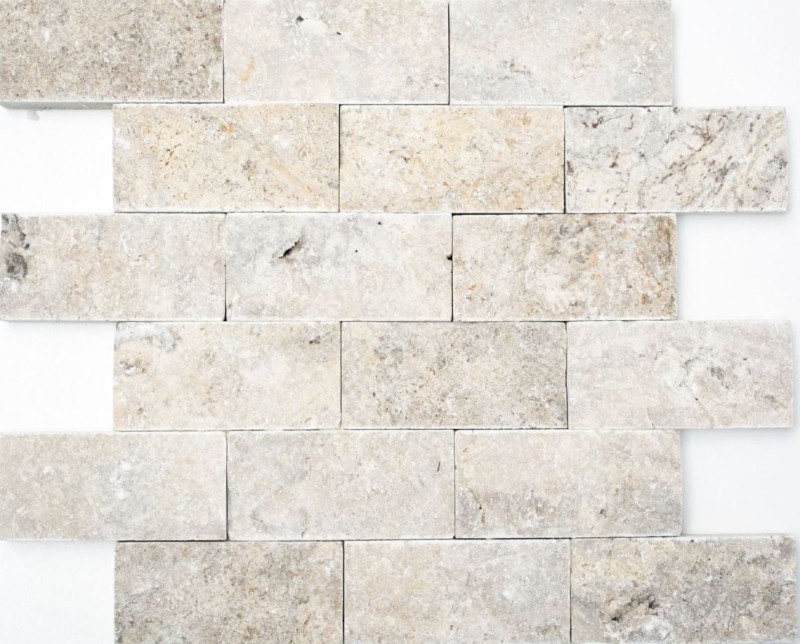 Mosaic tile Travertine natural stone white gray Brick Splitface silver Travertine 3D MOS29-42781_f