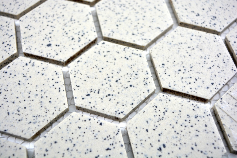 Hand-patterned mosaic tile ceramic cream white hexagaon speckled unglazed MOS11G-0103-R10_m