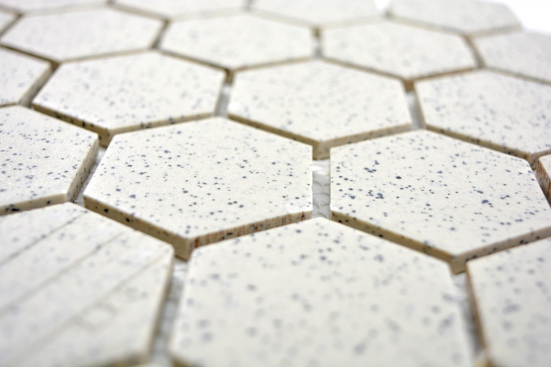 Hand-patterned mosaic tile ceramic cream white hexagaon speckled unglazed MOS11G-0103-R10_m