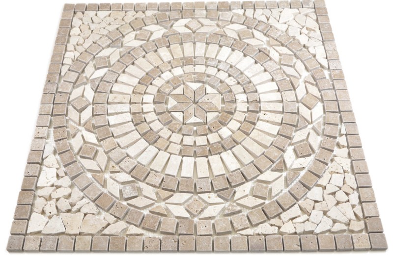 XL Inlay natural stone travertine light beige cream walnut brown mosaic tile floor kitchen wall bathroom sauna - MOSDEKO68