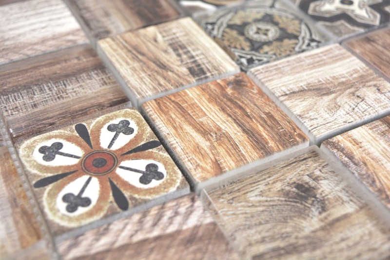 Mosaic tile patchwork brown beige marrone wood-effect kitchen splashback MOS160-w200
