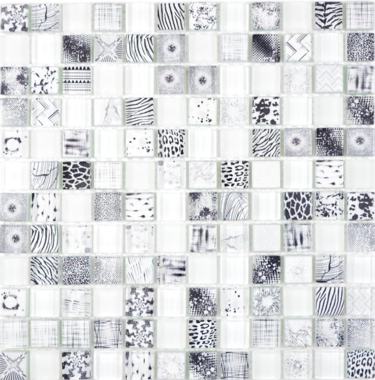 Glass mosaic mosaic tiles Arts and Crafts white black pattern wall tile backsplash kitchen shower bathroom MOS74-0203