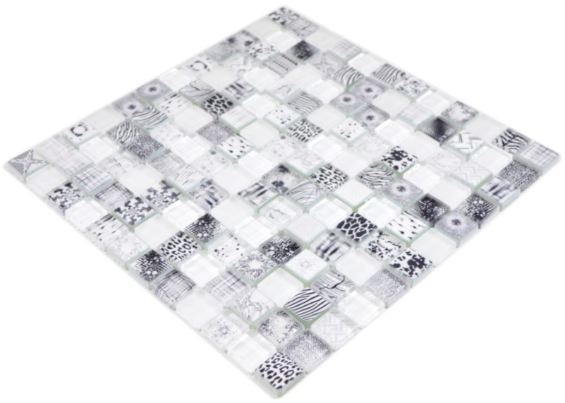 Glass mosaic mosaic tiles Arts and Crafts white black pattern wall tile backsplash kitchen shower bathroom MOS74-0203
