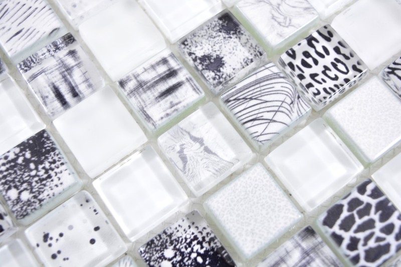 Glass mosaic mosaic tiles Arts and Crafts white black pattern wall tile backsplash kitchen shower bathroom MOS74-0203