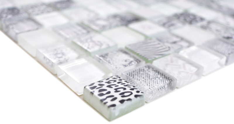 Glass mosaic mosaic tiles Arts and Crafts white black pattern wall tile backsplash kitchen shower bathroom MOS74-0203