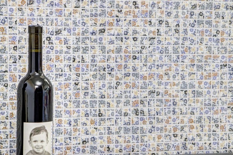 Hand-patterned mosaic tile retro vintage ceramic white colorful flowers tile backsplash MOS18C-1401_m