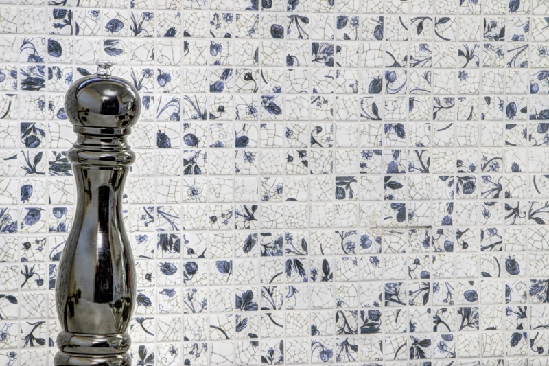 Hand-patterned mosaic tile retro vintage ceramic white blue flower kitchen splashback MOS18D-1404_m