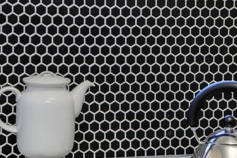 Hand-painted mosaic tile ceramic hexagon black matt shower splashback MOS11A-0311_m