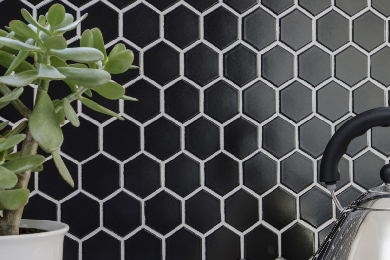 Hand-painted mosaic tile ceramic hexagon black matt shower splashback MOS11B-0311_m