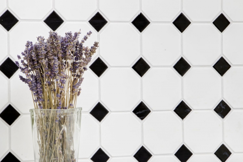 Hand sample mosaic tile ceramic octagonal white matt black glossy wall tile bathroom tile MOSOcta-190_m