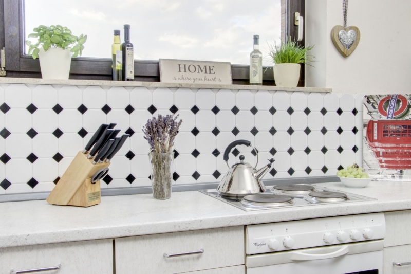 Hand sample mosaic tile ceramic octagonal white matt black glossy wall tile bathroom tile MOSOcta-190_m
