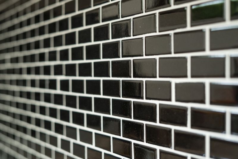 Hand-patterned mosaic tile ceramic brick black glossy kitchen splashback MOS24-4BG_m