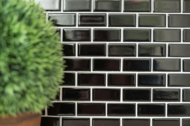 Hand-patterned mosaic tile ceramic brick black glossy kitchen splashback MOS24-4BG_m