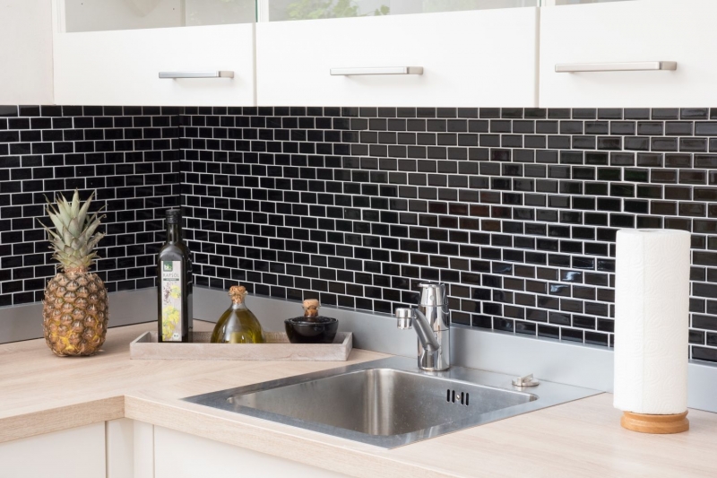 Hand-patterned mosaic tile ceramic brick black glossy kitchen splashback MOS24-4BG_m