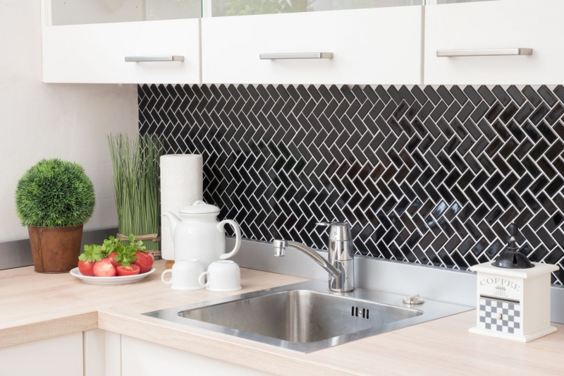 Hand pattern mosaic tile ceramic herringbone black glossy mosaic tile floor tile MOS24-CHB6BG_m