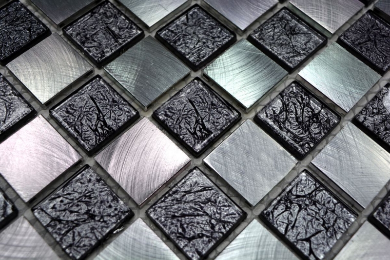 Hand sample mosaic tile aluminum translucent glass mosaic Crystal Alu checkerboard black silver MOS49-0302_m