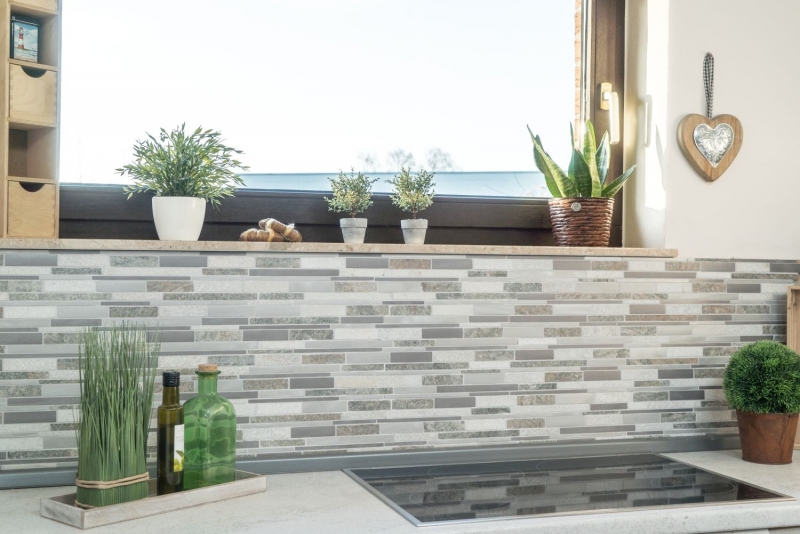 Hand pattern mosaic tile quartzite natural stone aluminum silver gray light beige composite MOS49-XSA535_m