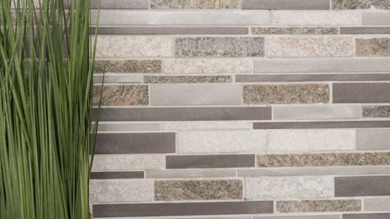 Hand pattern mosaic tile quartzite natural stone aluminum silver gray light beige composite MOS49-XSA535_m