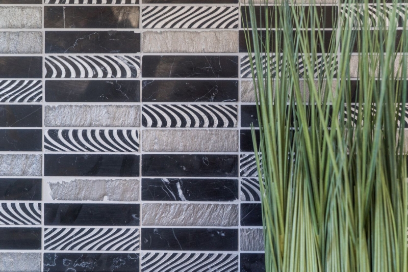 Hand pattern mosaic tile marble natural stone rectangle stone carving silver black MOS40-STN89_m