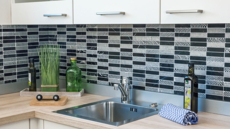 Hand pattern mosaic tile marble natural stone rectangle stone carving silver black MOS40-STN89_m