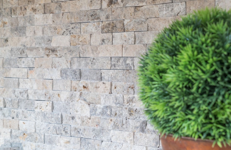 Hand sample mosaic stone wall Travertine natural stone white gray Brick Splitface silver Travertine 3D MOS43-47248_m