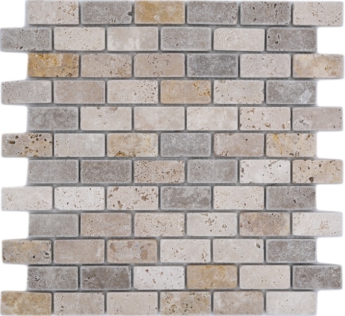 Hand sample mosaic tile travertine natural stone beige brown Brick travertine tumbled MOS43-46474_m