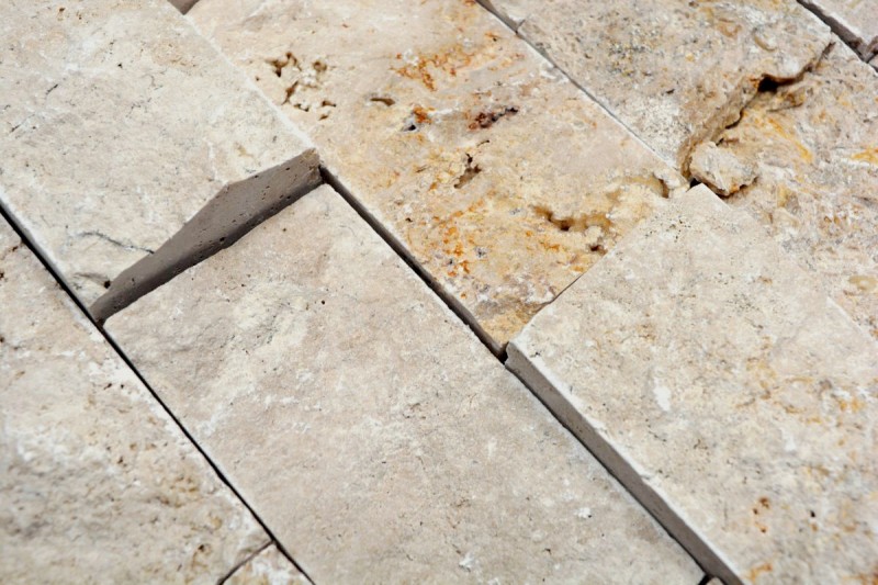 Hand-painted mosaic tile Travertine natural stone beige Brick Splitface Chiaro Travertine 3D MOS43-1206_m