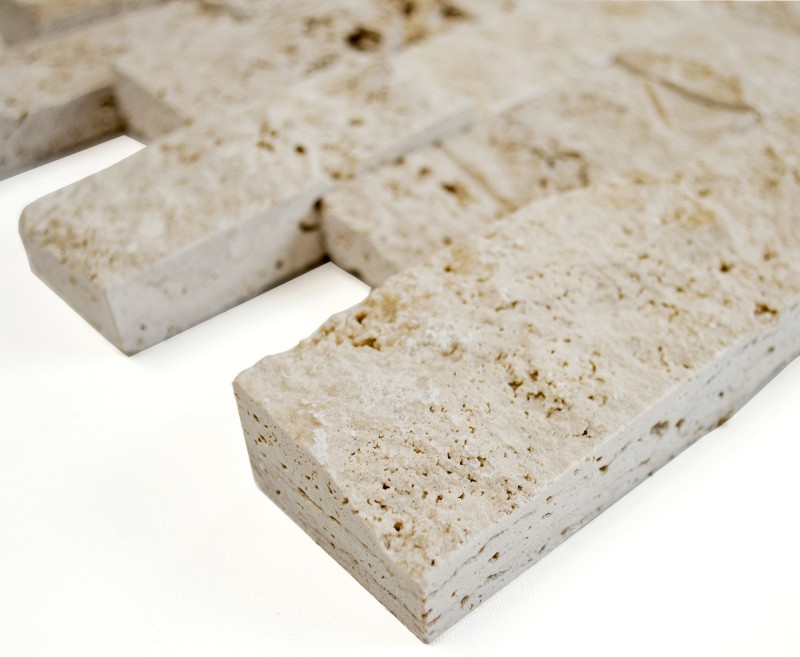 Hand-painted mosaic tile Travertine natural stone beige Brick Splitface Chiaro Travertine 3D MOS43-1206_m