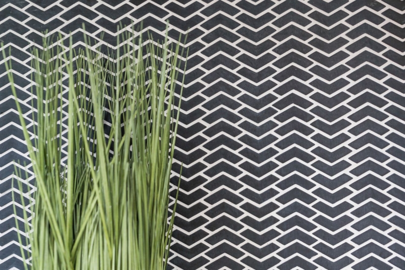 Hand-painted mosaic tile ECO Recycling GLASS herringbone enamel black matt MOS140-HB31B_m