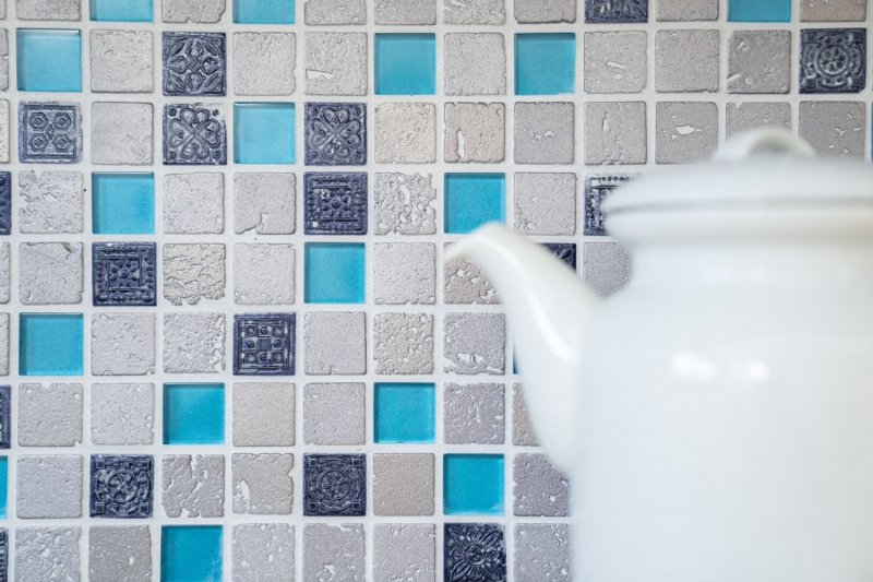 Hand-painted mosaic tile Tile backsplash Translucent blue-grey Glass mosaic Crystal Resin blue-grey MOS82-0402_m