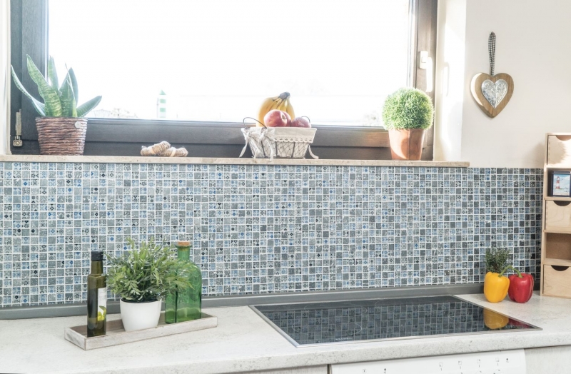 Hand-painted mosaic tile Tile backsplash Translucent blue black Glass mosaic Crystal Resin optic blue black silver MOS83-CB07_m
