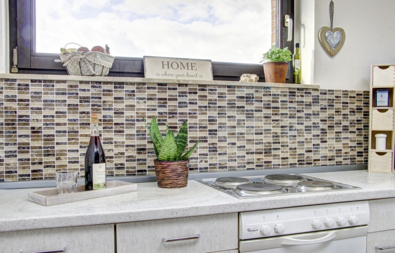 Hand-patterned mosaic tile Tile backsplash Translucent dark beige rods Glass mosaic Crystal stone emperador dark MOS87-S1255_m