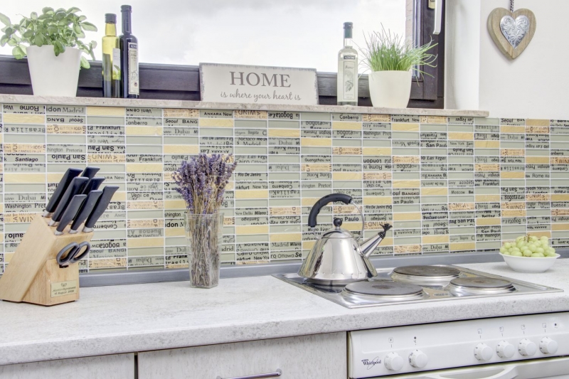 Hand-patterned mosaic tile Tile backsplash Translucent gold Rectangle Glass mosaic Crystal stone gold MOS87-29_m