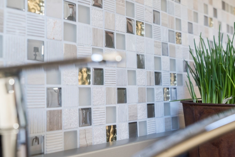 Hand-painted mosaic tile Tile backsplash Translucent light gray gold Glass mosaic Crystal stone EP light gray gold MOS83-HQ22_m