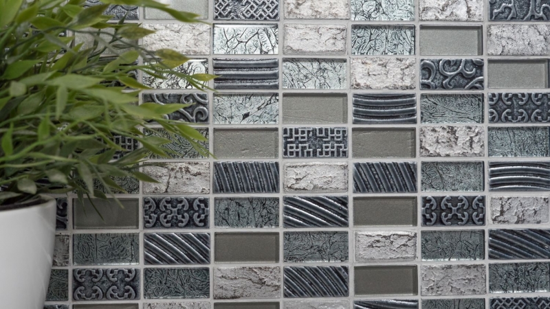 Hand-patterned mosaic tile Tile backsplash Translucent silver Rectangle Glass mosaic Crystal stone Retro silver MOS83-CRS2_m