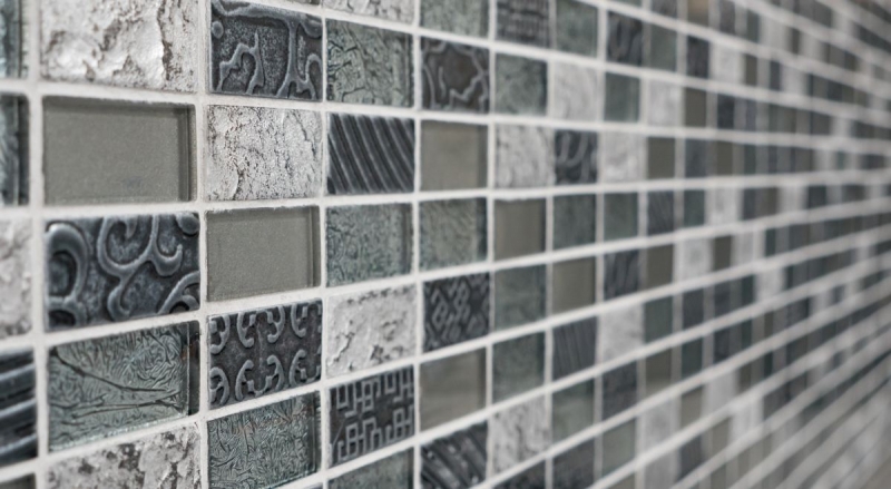 Hand-patterned mosaic tile Tile backsplash Translucent silver Rectangle Glass mosaic Crystal stone Retro silver MOS83-CRS2_m