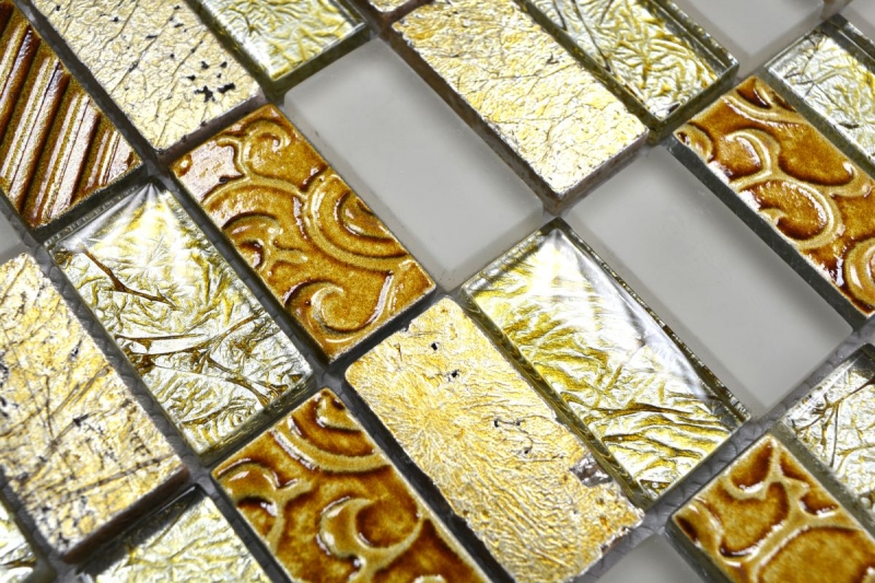 Hand-patterned mosaic tile Tile backsplash Translucent gold Rectangle Glass mosaic Crystal stone Retro gold MOS83-CRS4_m