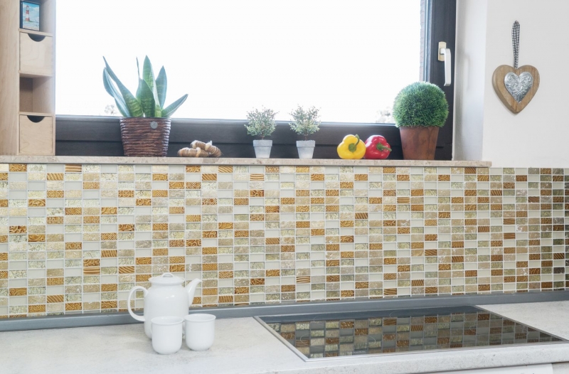 Hand-patterned mosaic tile Tile backsplash Translucent gold Rectangle Glass mosaic Crystal stone Retro gold MOS83-CRS4_m