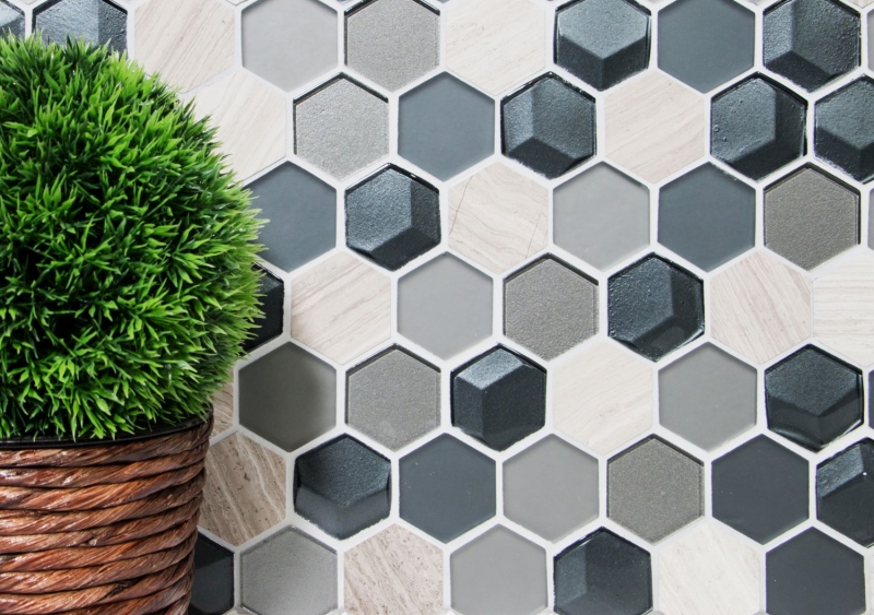 Hand-patterned mosaic tile Tile backsplash Translucent gray Hexagon glass mosaic Crystal stone 3D gray MOS11D-22_m