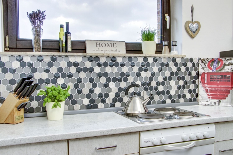 Hand-patterned mosaic tile Tile backsplash Translucent gray Hexagon glass mosaic Crystal stone 3D gray MOS11D-22_m